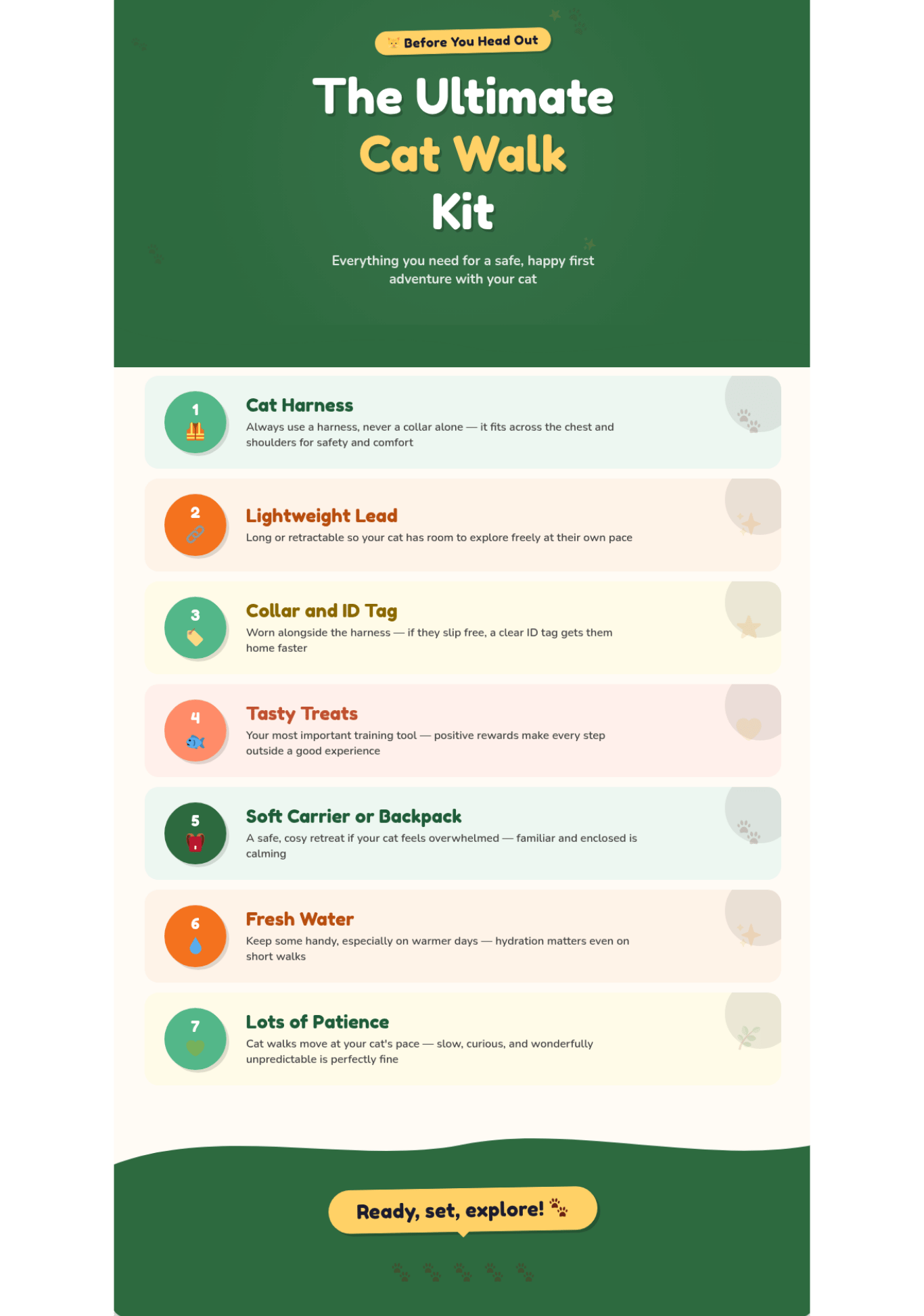 Infographic checklist showing the ultimate cat walk kit including a cat harness, lightweight lead, collar and ID tag, treats, carrier, water, and patience
